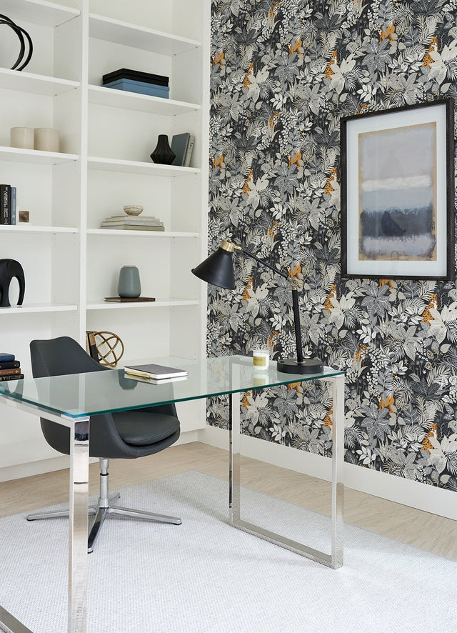 Tropical Oasis Charcoal Peel & Stick Wallpaper with Botanical Toile Jungle Motif - PFS4814