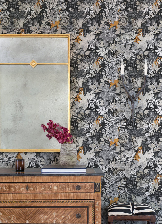 Tropical Oasis Charcoal Peel & Stick Wallpaper with Botanical Toile Jungle Motif - PFS4814