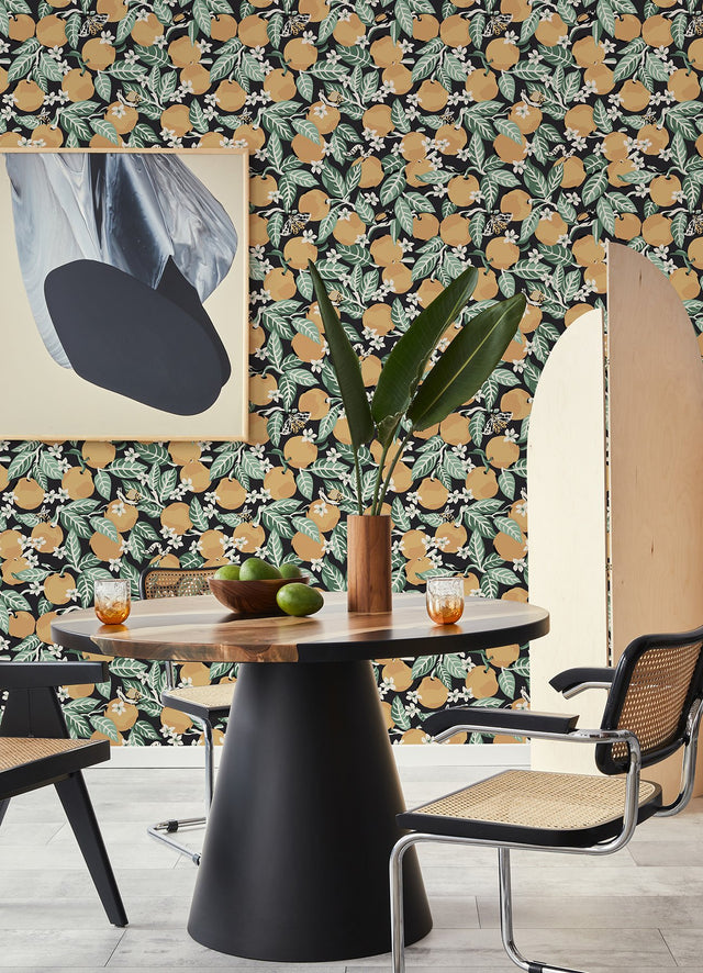 Orange Grove Ink Peel & Stick Wallpaper with Botanical Fruit Motif - Brewster PFS4817
