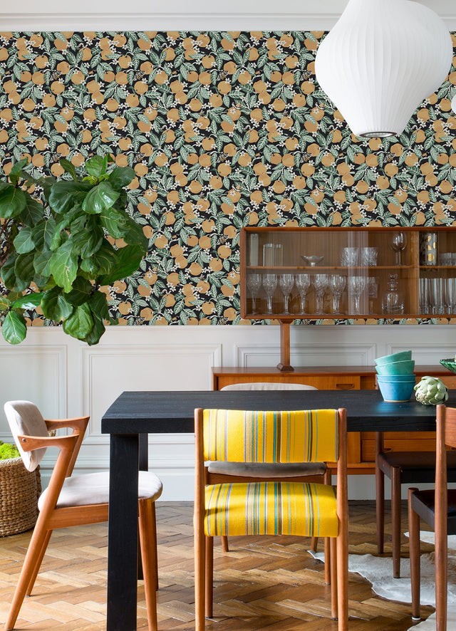 Orange Grove Ink Peel & Stick Wallpaper with Botanical Fruit Motif - Brewster PFS4817