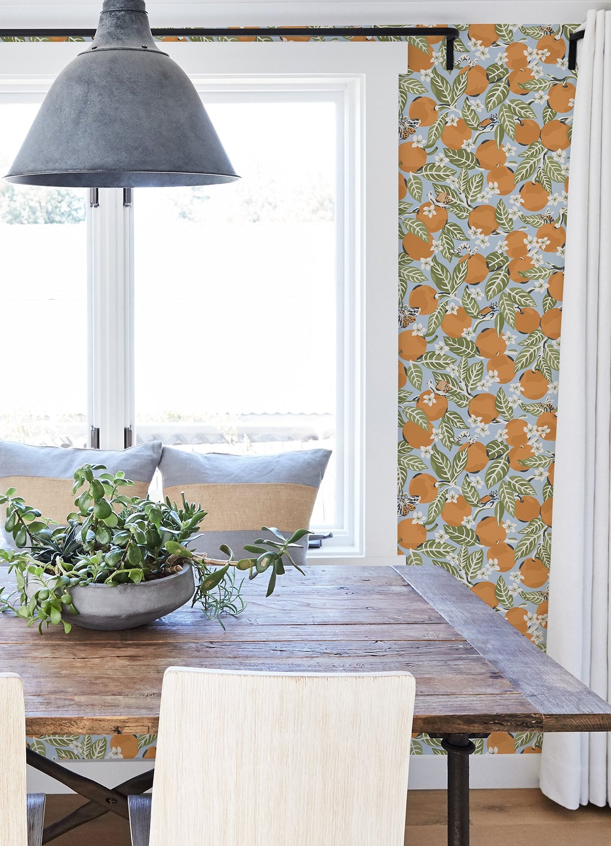 Orange Grove Sky Blue Peel & Stick Wallpaper with Whimsical Botanical Fruit Motif - PFS4818