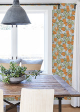 Orange Grove Sky Blue Peel & Stick Wallpaper with Whimsical Botanical Fruit Motif - PFS4818