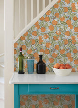 Orange Grove Sky Blue Peel & Stick Wallpaper with Whimsical Botanical Fruit Motif - PFS4818