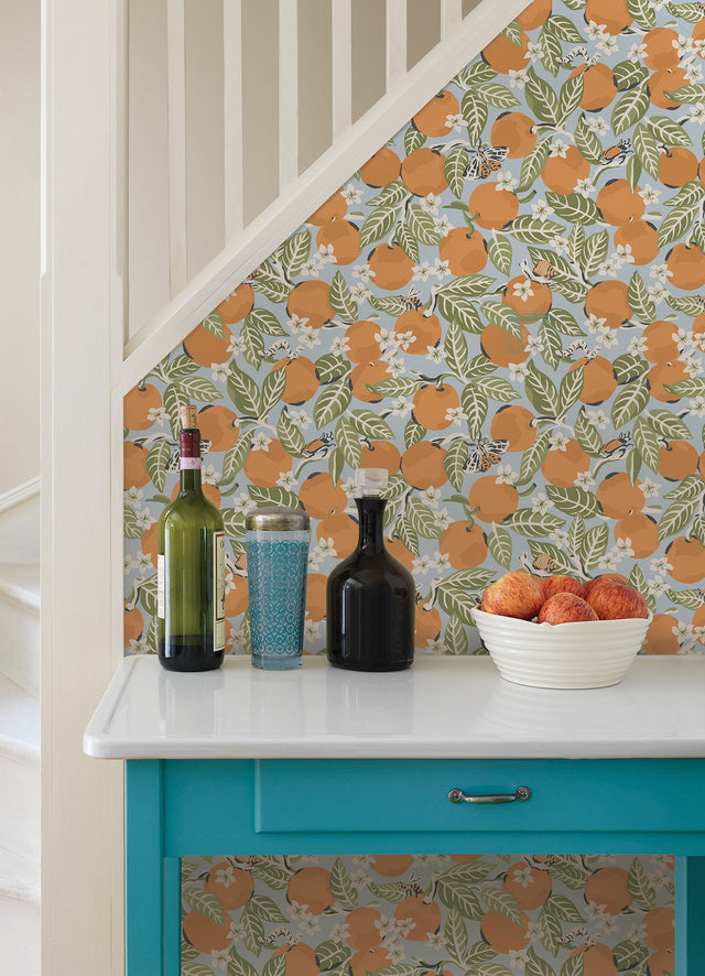 Orange Grove Sky Blue Peel & Stick Wallpaper with Whimsical Botanical Fruit Motif - PFS4818