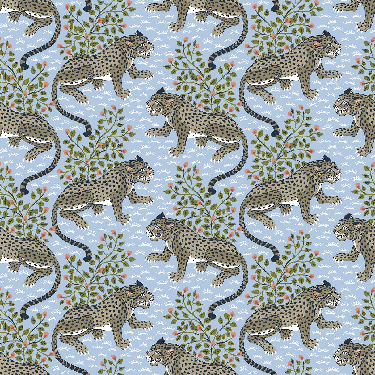 Bagheera Light Blue Peel & Stick Wallpaper with Jungle Cats Botanical Motif - PFS6105