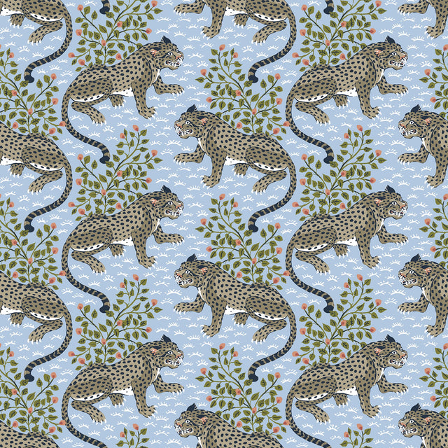 Bagheera Light Blue Peel & Stick Wallpaper with Jungle Cats Botanical Motif - PFS6105