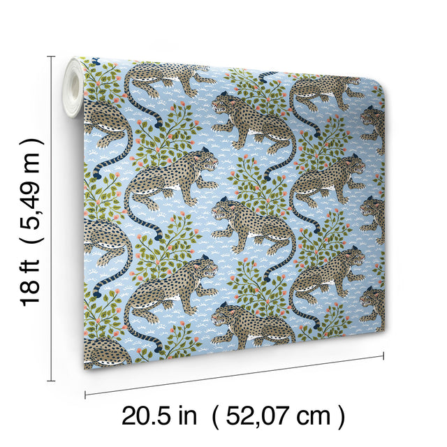 Bagheera Light Blue Peel & Stick Wallpaper with Jungle Cats Botanical Motif - PFS6105