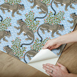 Bagheera Light Blue Peel & Stick Wallpaper with Jungle Cats Botanical Motif - PFS6105