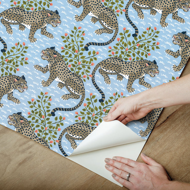 Bagheera Light Blue Peel & Stick Wallpaper with Jungle Cats Botanical Motif - PFS6105