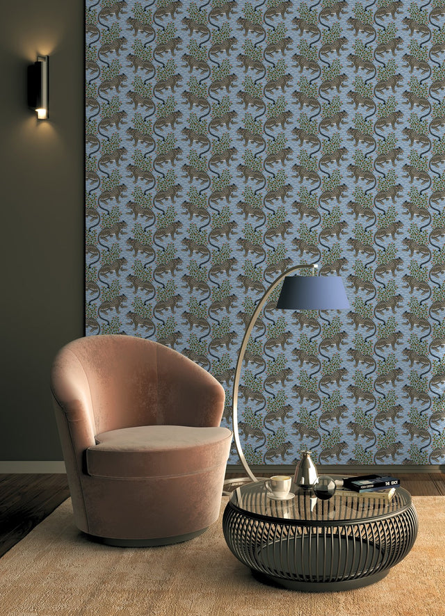Bagheera Light Blue Peel & Stick Wallpaper with Jungle Cats Botanical Motif - PFS6105