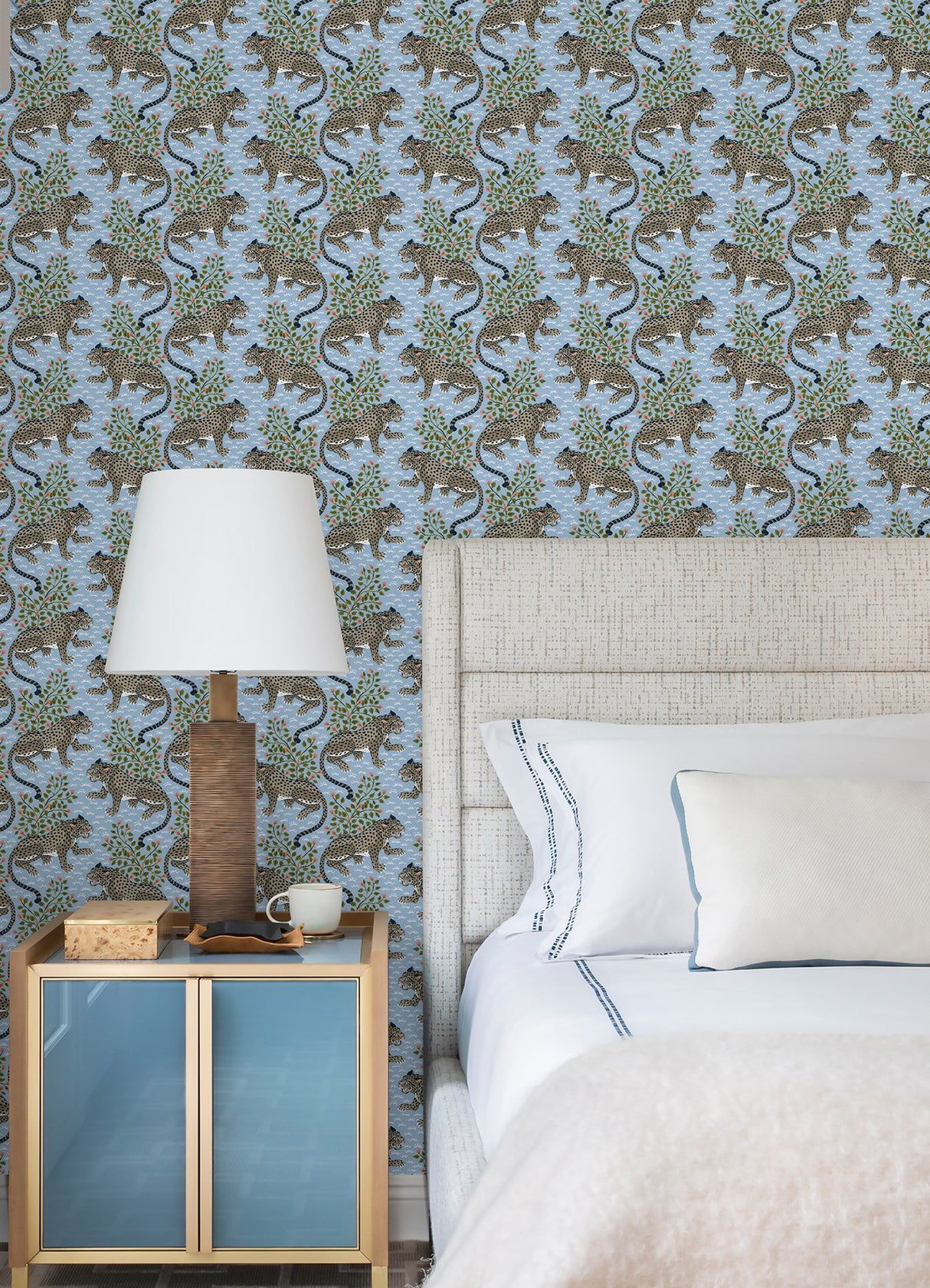 Bagheera Light Blue Peel & Stick Wallpaper with Jungle Cats Botanical Motif - PFS6105