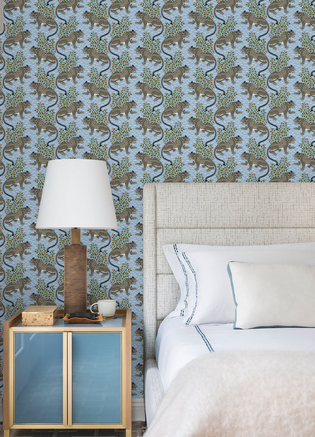 Bagheera Light Blue Peel & Stick Wallpaper with Jungle Cats Botanical Motif - PFS6105