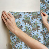 Bagheera Light Blue Peel & Stick Wallpaper with Jungle Cats Botanical Motif - PFS6105