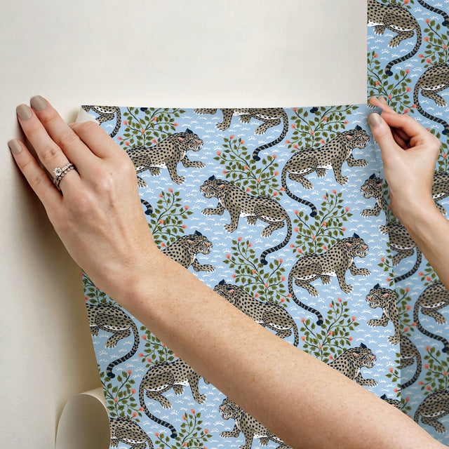Bagheera Light Blue Peel & Stick Wallpaper with Jungle Cats Botanical Motif - PFS6105