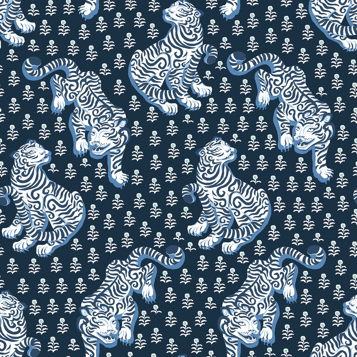 Tiger Queen Navy Peel & Stick Wallpaper with Whimsical Novelty Tigress Pattern - PrintFresh PFS6106