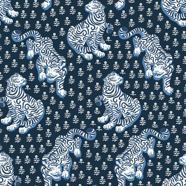 Tiger Queen Navy Peel & Stick Wallpaper with Whimsical Novelty Tigress Pattern - PrintFresh PFS6106