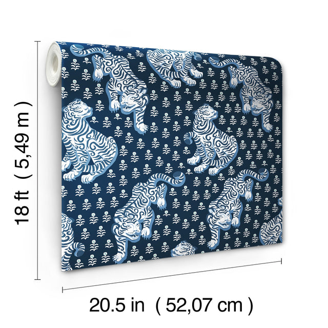Tiger Queen Navy Peel & Stick Wallpaper with Whimsical Novelty Tigress Pattern - PrintFresh PFS6106