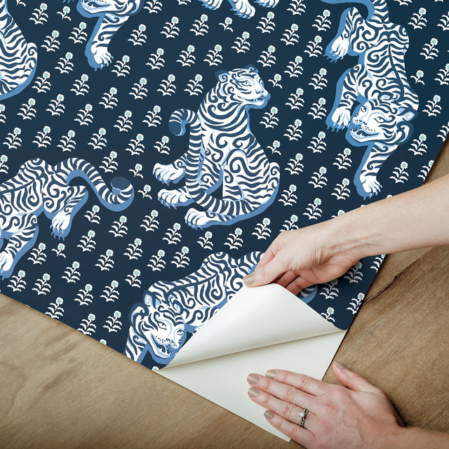 Tiger Queen Navy Peel & Stick Wallpaper with Whimsical Novelty Tigress Pattern - PrintFresh PFS6106