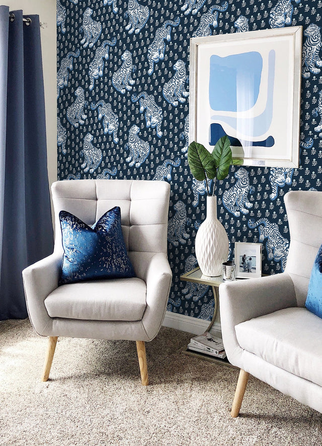 Tiger Queen Navy Peel & Stick Wallpaper with Whimsical Novelty Tigress Pattern - PrintFresh PFS6106