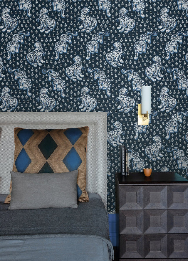 Tiger Queen Navy Peel & Stick Wallpaper with Whimsical Novelty Tigress Pattern - PrintFresh PFS6106