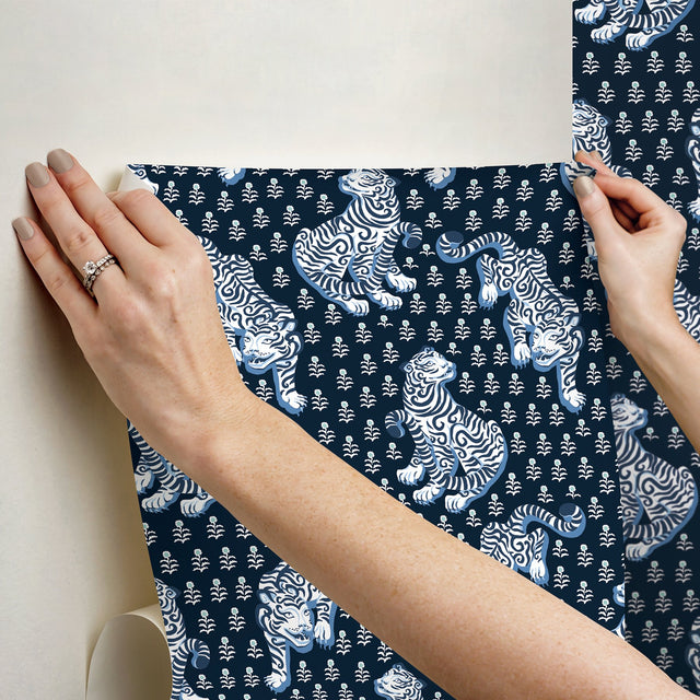 Tiger Queen Navy Peel & Stick Wallpaper with Whimsical Novelty Tigress Pattern - PrintFresh PFS6106