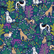 Must Love Dogs Indigo Peel and Stick Wallpaper by PrintFresh x NuWallpaper featuring playful dogs among vibrant botanical florals on a deep indigo background