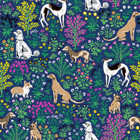 Must Love Dogs Indigo Peel and Stick Wallpaper by PrintFresh x NuWallpaper featuring playful dogs among vibrant botanical florals on a deep indigo background