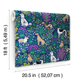 Must Love Dogs Indigo by PrintFresh x NuWallpaper Whimsical Pup and Botanical Garden Peel and Stick Wallpaper Modern Novelty - PFS6378
