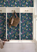 Must Love Dogs Indigo by PrintFresh x NuWallpaper Whimsical Pup and Botanical Garden Peel and Stick Wallpaper Modern Novelty - PFS6378