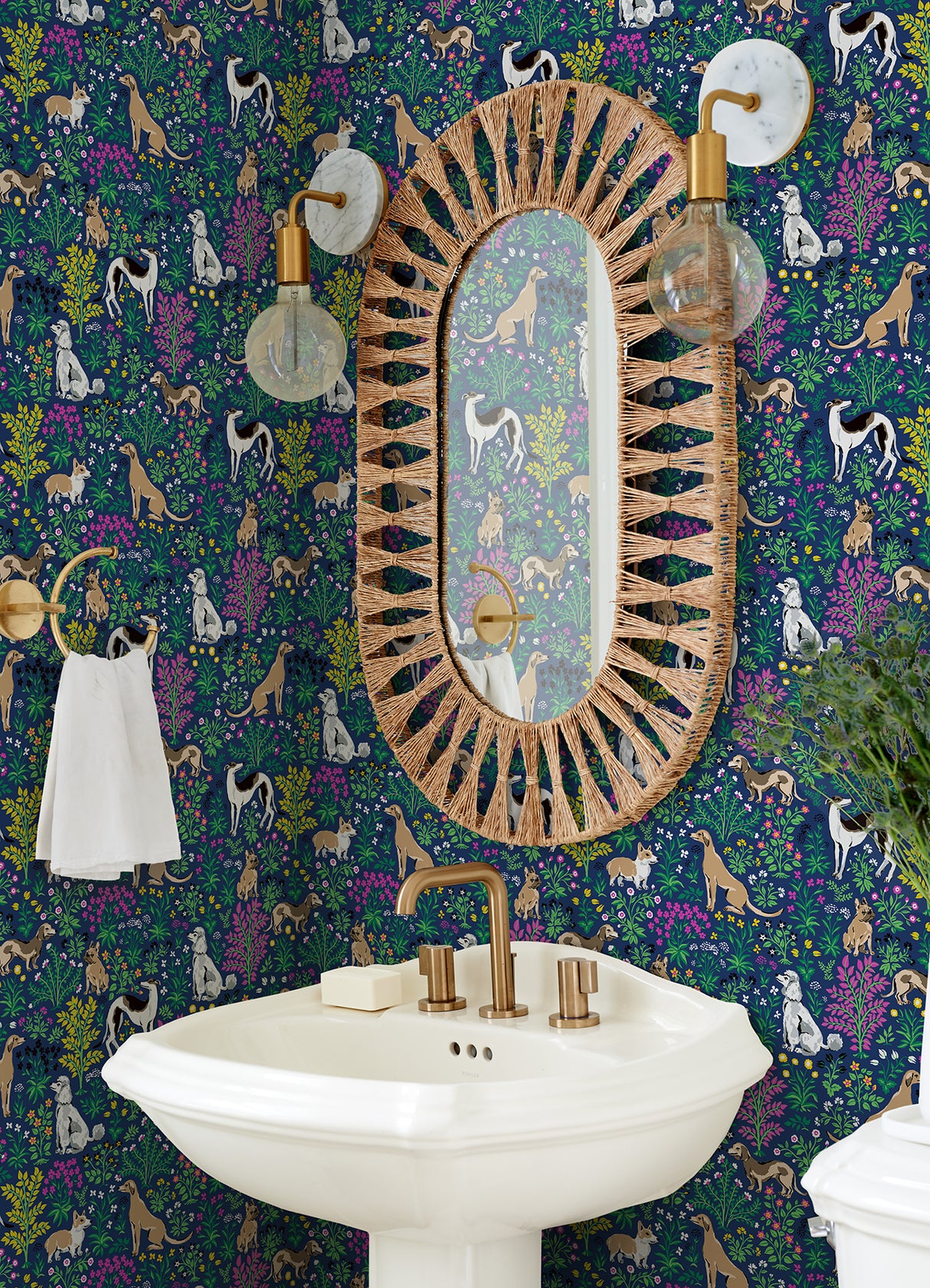 Must Love Dogs Indigo by PrintFresh x NuWallpaper Whimsical Pup and Botanical Garden Peel and Stick Wallpaper Modern Novelty - PFS6378