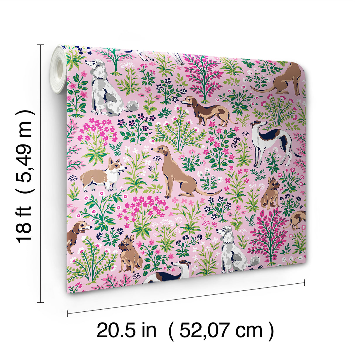 Must Love Dogs Pink Peel and Stick Wallpaper by NuWallpaper x PrintFresh - Playful Dog and Floral Pattern for Home or Rental Decor PFS6379