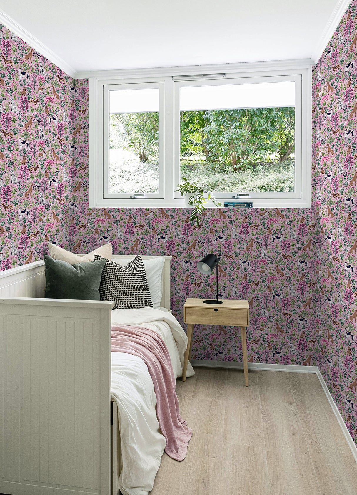 Must Love Dogs Pink Peel and Stick Wallpaper by NuWallpaper x PrintFresh - Playful Dog and Floral Pattern for Home or Rental Decor PFS6379
