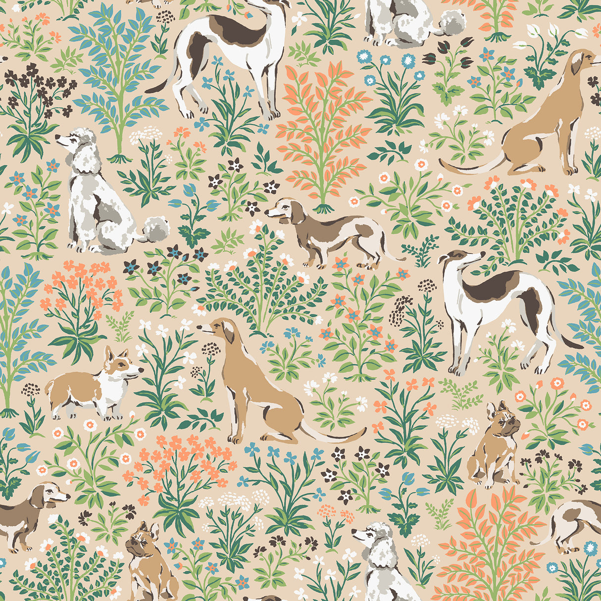 Must Love Dogs Tan Peel and Stick Wallpaper by NuWallpaper x PrintFresh featuring playful dogs among botanical florals on a neutral tan background - PFS6380