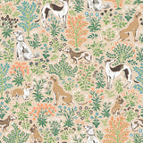 Must Love Dogs Tan Peel and Stick Wallpaper by NuWallpaper x PrintFresh featuring playful dogs among botanical florals on a neutral tan background - PFS6380