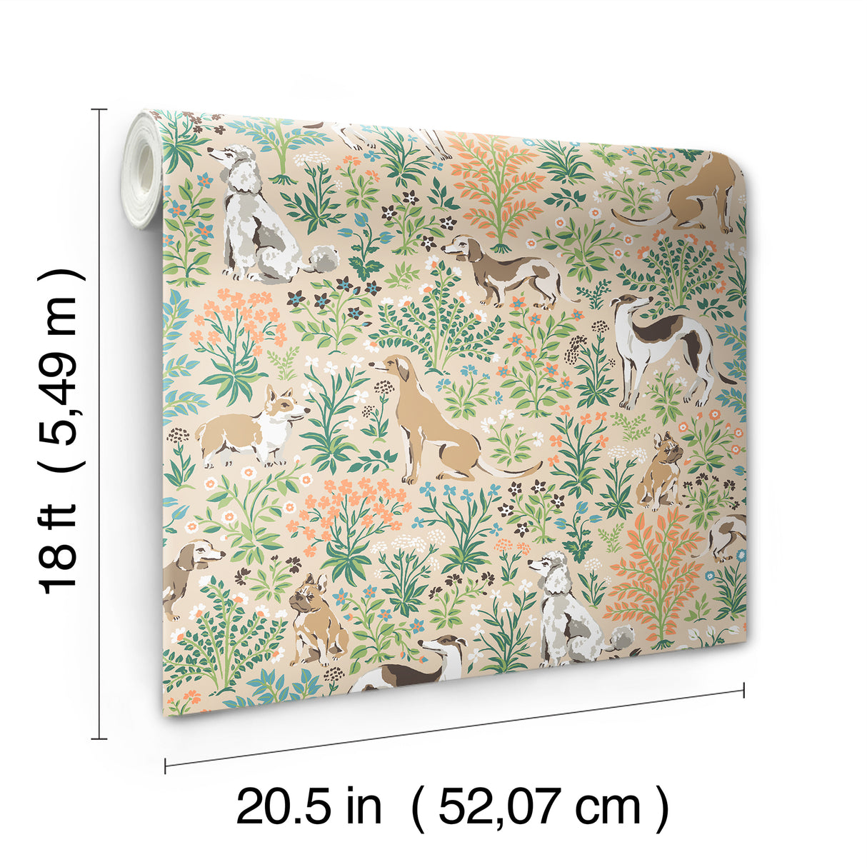 Must Love Dogs Tan by NuWallpaper x PrintFresh Peel and Stick Fully Removable Novelty Botanical Dog and Floral Pattern Wallpaper Roll - PFS6380