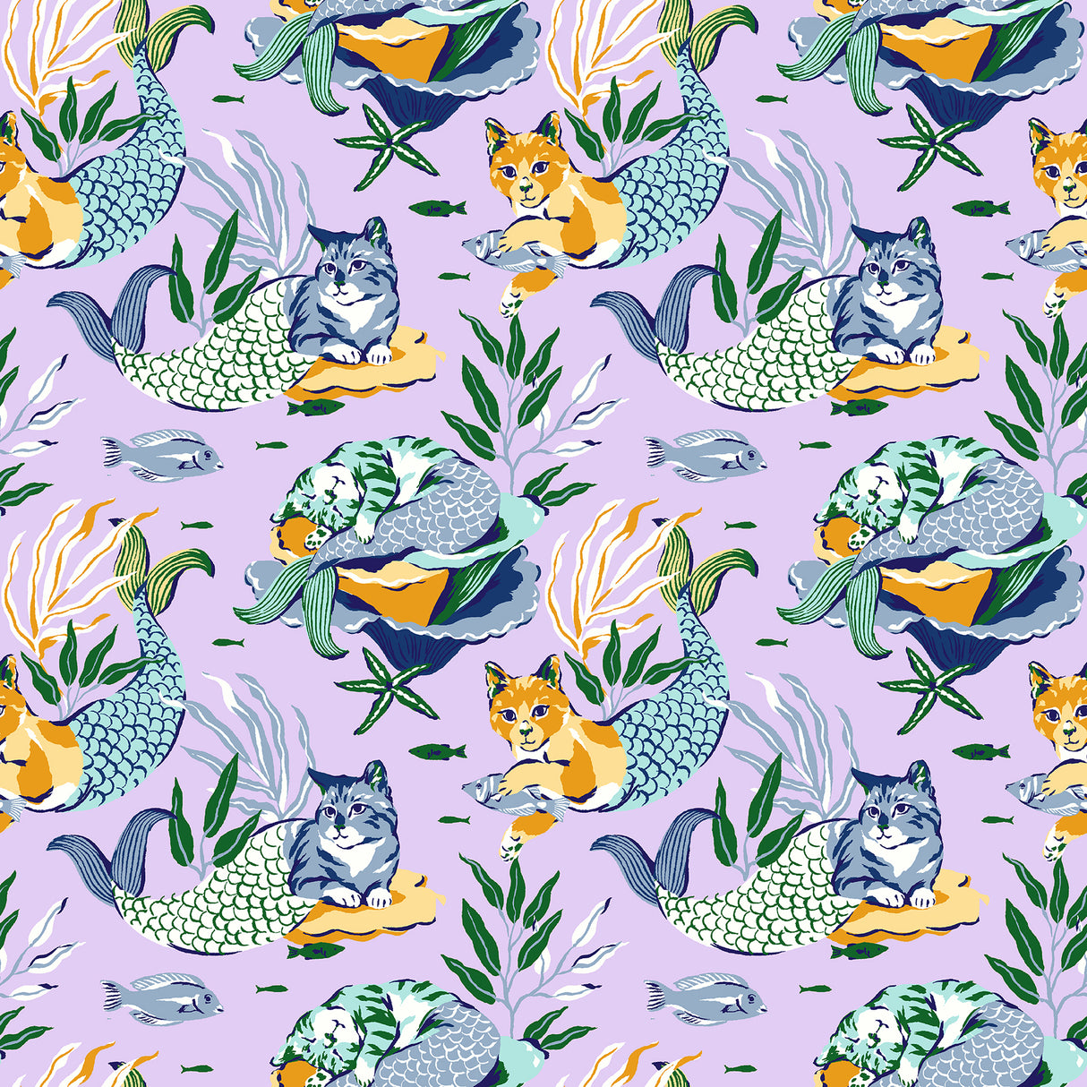 Meowing Mermaids Lavender Peel and Stick Wallpaper by NuWallpaper x PrintFresh - PFS6392