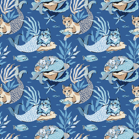 Meowing Mermaids Blue Peel and Stick Wallpaper by NuWallpaper x PrintFresh - PFS6393