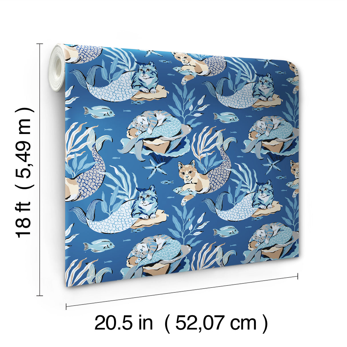 Meowing Mermaids Blue by NuWallpaper x PrintFresh Whimsical Cat Mermaid Peel and Stick Wallpaper Roll 20.5 In Wide by 18 Ft Long - PFS6393