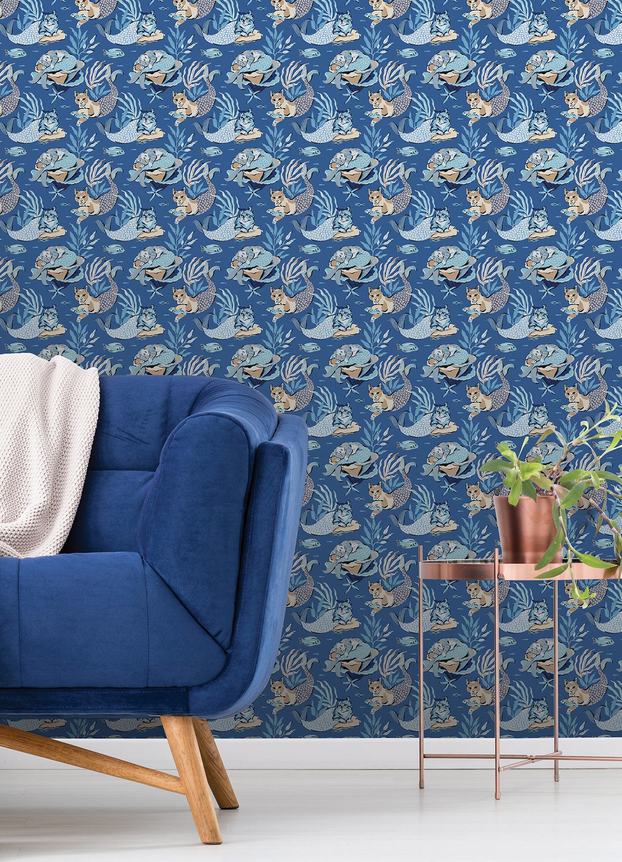 Meowing Mermaids Blue by NuWallpaper x PrintFresh Whimsical Cat Mermaid Peel and Stick Wallpaper Roll 20.5 In Wide by 18 Ft Long - PFS6393
