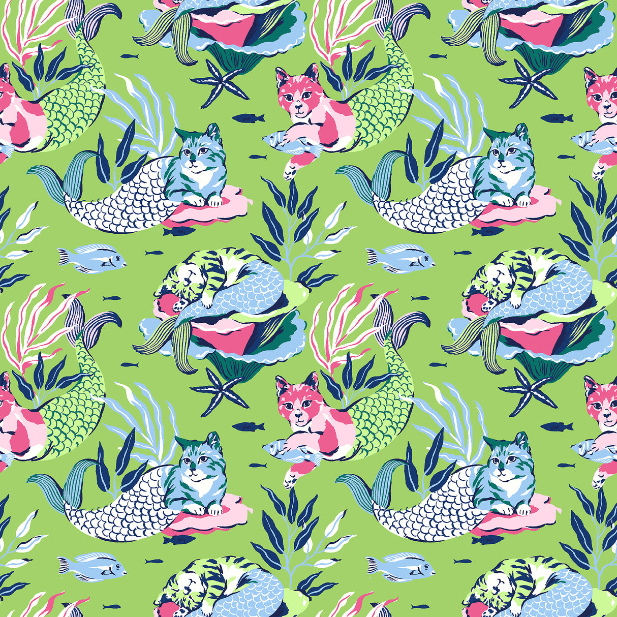 Meowing Mermaids Lime Green Peel and Stick Wallpaper pattern swatch by NuWallpaper x PrintFresh featuring whimsical cat mermaids surrounded by seaweed and fish on a vibrant lime green background