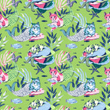 Meowing Mermaids Lime Green Peel and Stick Wallpaper pattern swatch by NuWallpaper x PrintFresh featuring whimsical cat mermaids surrounded by seaweed and fish on a vibrant lime green background