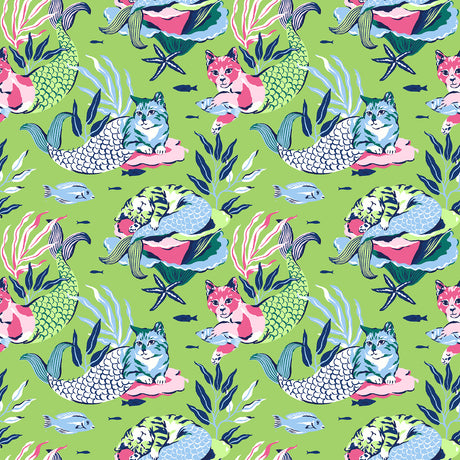 Meowing Mermaids Lime Green Peel and Stick Wallpaper pattern swatch by NuWallpaper x PrintFresh featuring whimsical cat mermaids surrounded by seaweed and fish on a vibrant lime green background