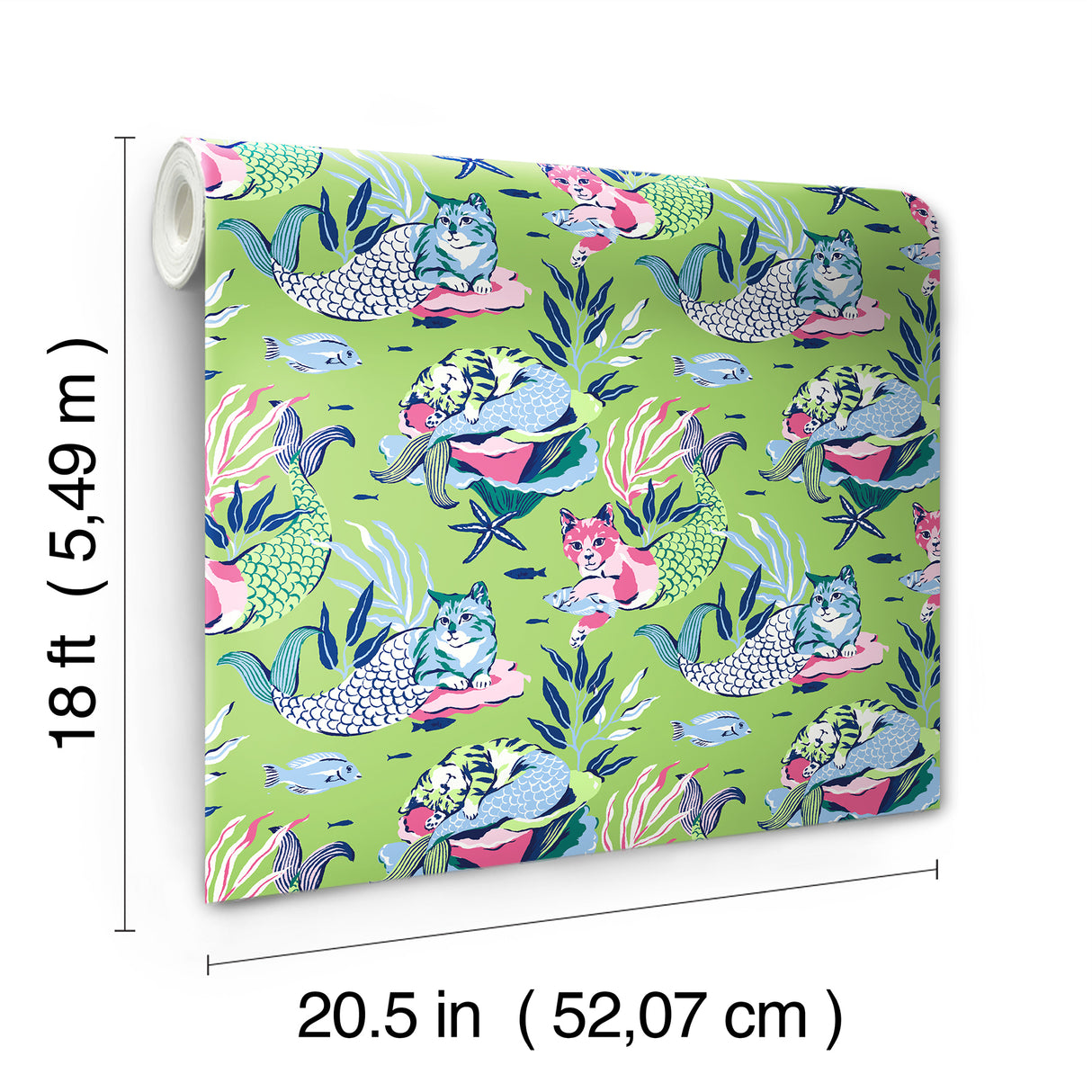 Meowing Mermaids Lime Green by NuWallpaper x PrintFresh Whimsical Underwater Cat Mermaid Novelty Peel and Stick Vinyl Wallpaper - PFS6394