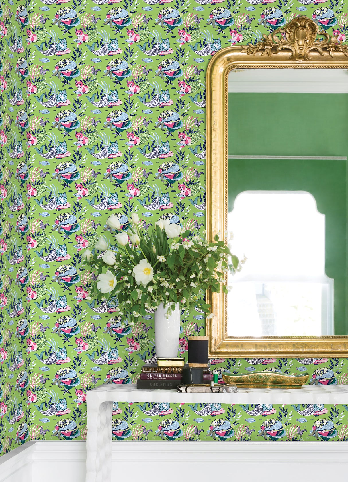 Meowing Mermaids Lime Green by NuWallpaper x PrintFresh Whimsical Underwater Cat Mermaid Novelty Peel and Stick Vinyl Wallpaper - PFS6394