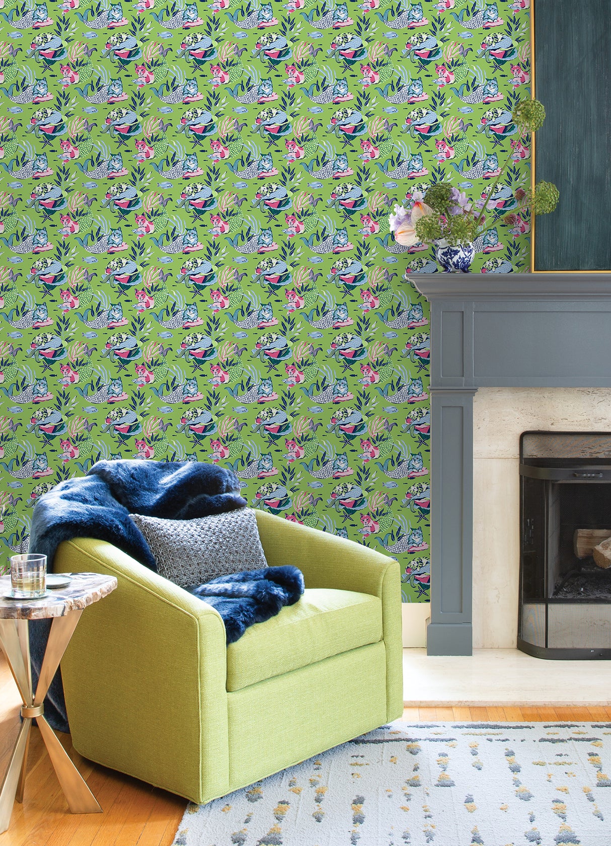 Meowing Mermaids Lime Green by NuWallpaper x PrintFresh Whimsical Underwater Cat Mermaid Novelty Peel and Stick Vinyl Wallpaper - PFS6394