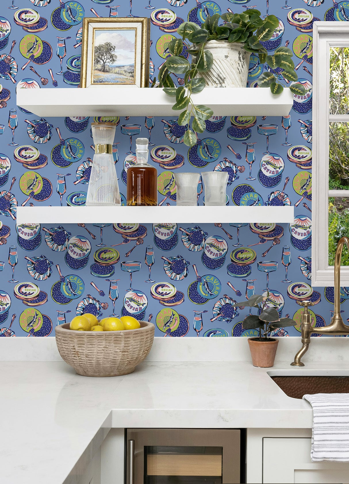 Champagne and Caviar Blue by NuWallpaper PrintFresh Eclectic Food and Drink Peel and Stick Removable Repositionable Wallpaper Roll - PFS6557