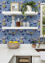 Champagne and Caviar Blue by NuWallpaper PrintFresh Eclectic Food and Drink Peel and Stick Removable Repositionable Wallpaper Roll - PFS6557