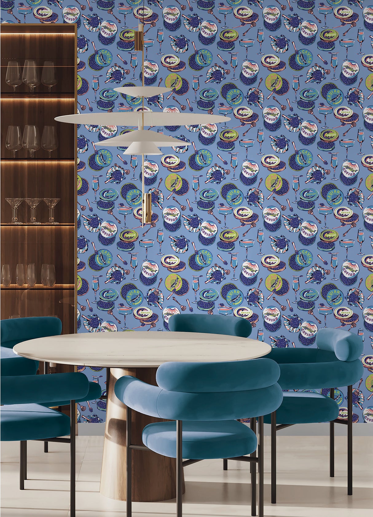 Champagne and Caviar Blue by NuWallpaper PrintFresh Eclectic Food and Drink Peel and Stick Removable Repositionable Wallpaper Roll - PFS6557