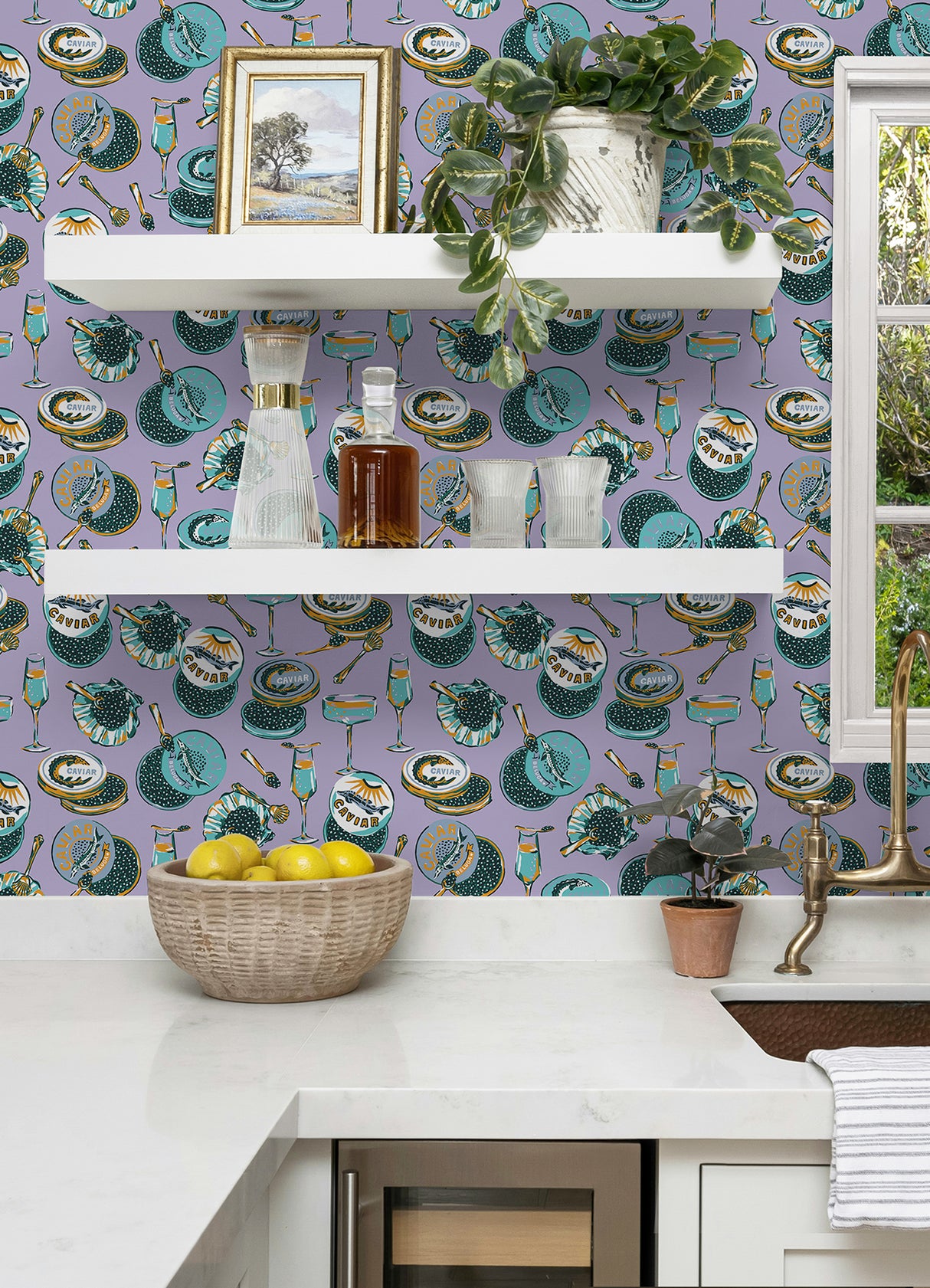 Champagne and Caviar Lavendar by NuWallpaper Peel and Stick Wallpaper - Eclectic Food and Drink Novelty Design, 20.5-in x 18-ft Roll - PFS6559