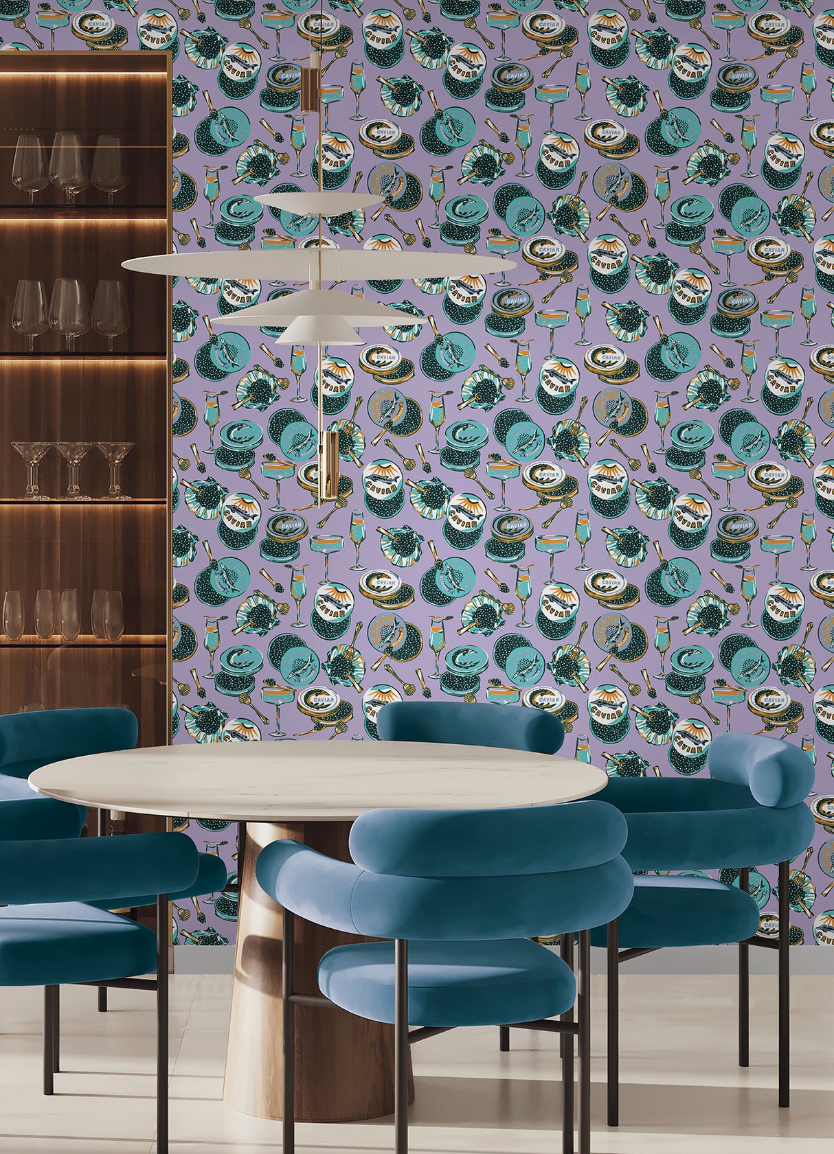 Champagne and Caviar Lavendar by NuWallpaper Peel and Stick Wallpaper - Eclectic Food and Drink Novelty Design, 20.5-in x 18-ft Roll - PFS6559